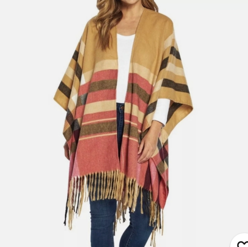 Woolrich Ultra Soft & Cozy Tan and Pink Plaid Poncho Wrap One Size.